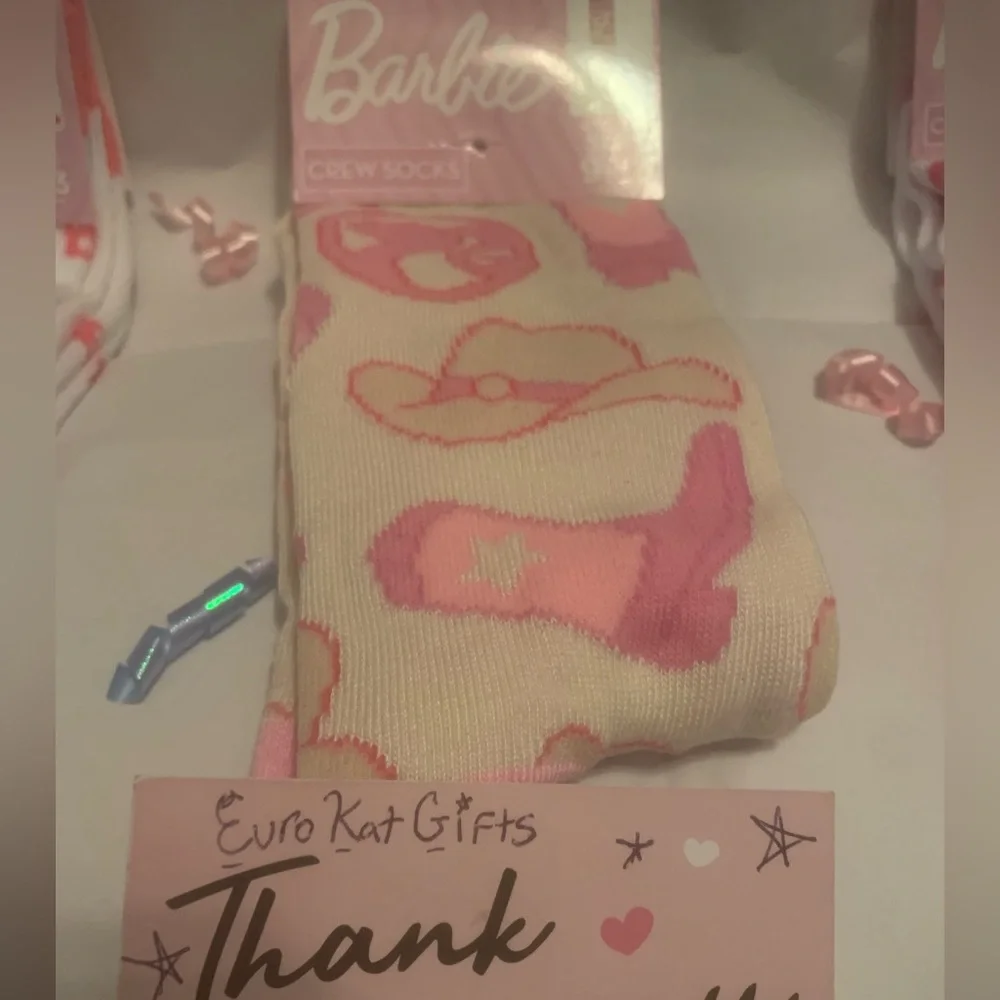 CUTE NEW BARBIE Pink and Cream Crew Socks cowgirl hat and cowboy boot print NWT
